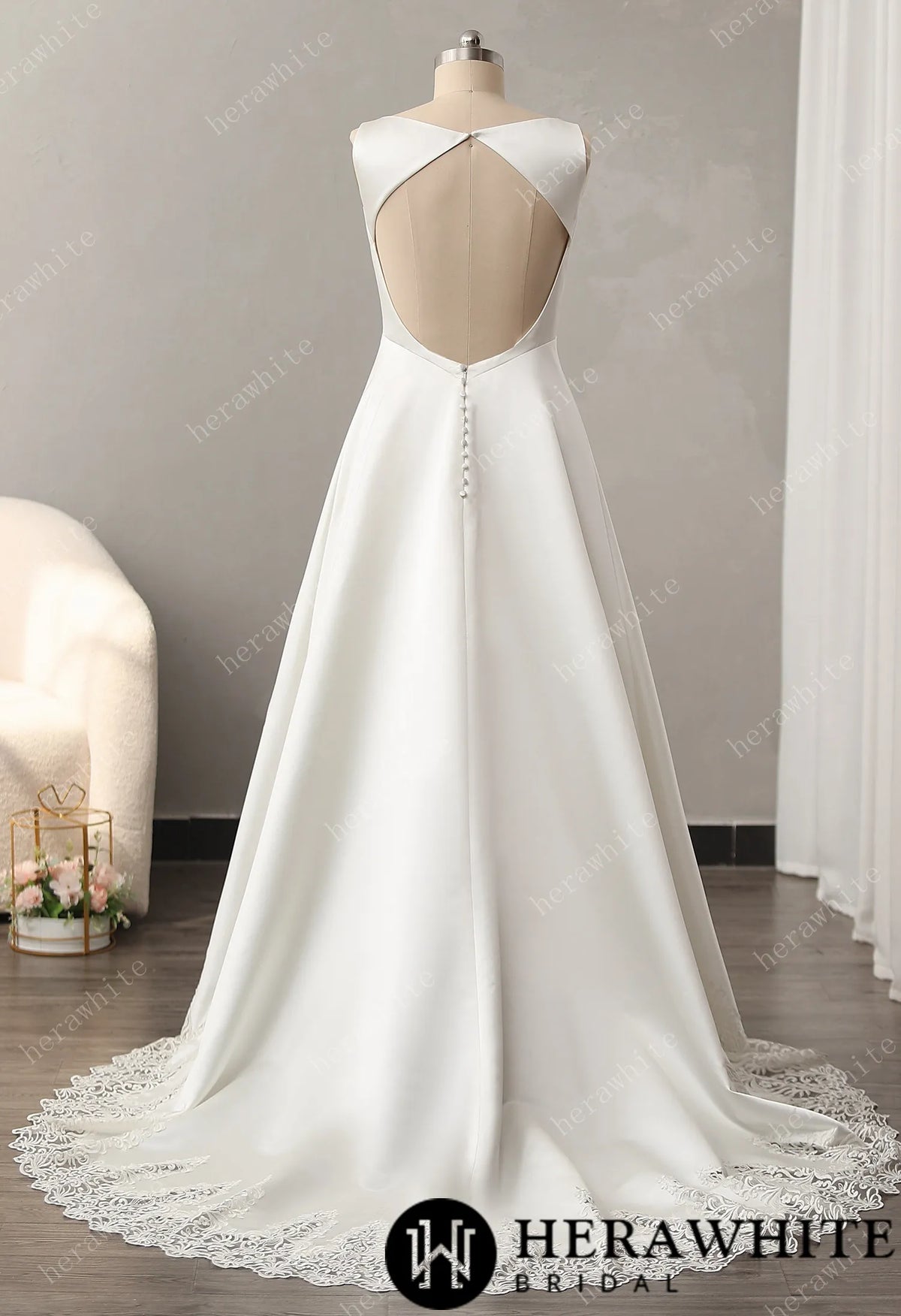 Bateau Neckline A-line Skirt with Cutout Train