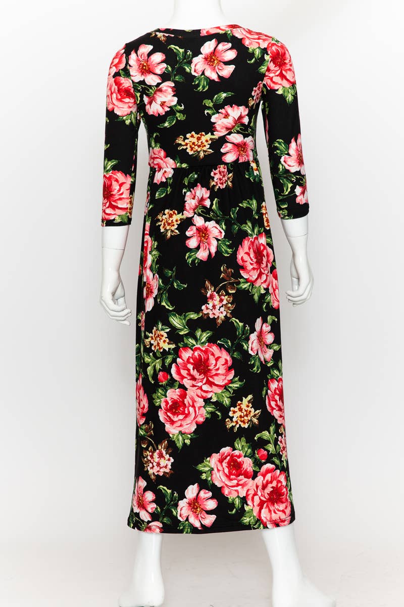 Girls Fit and Flare Floral Maxi Dress: FLORAL ORANGE / M