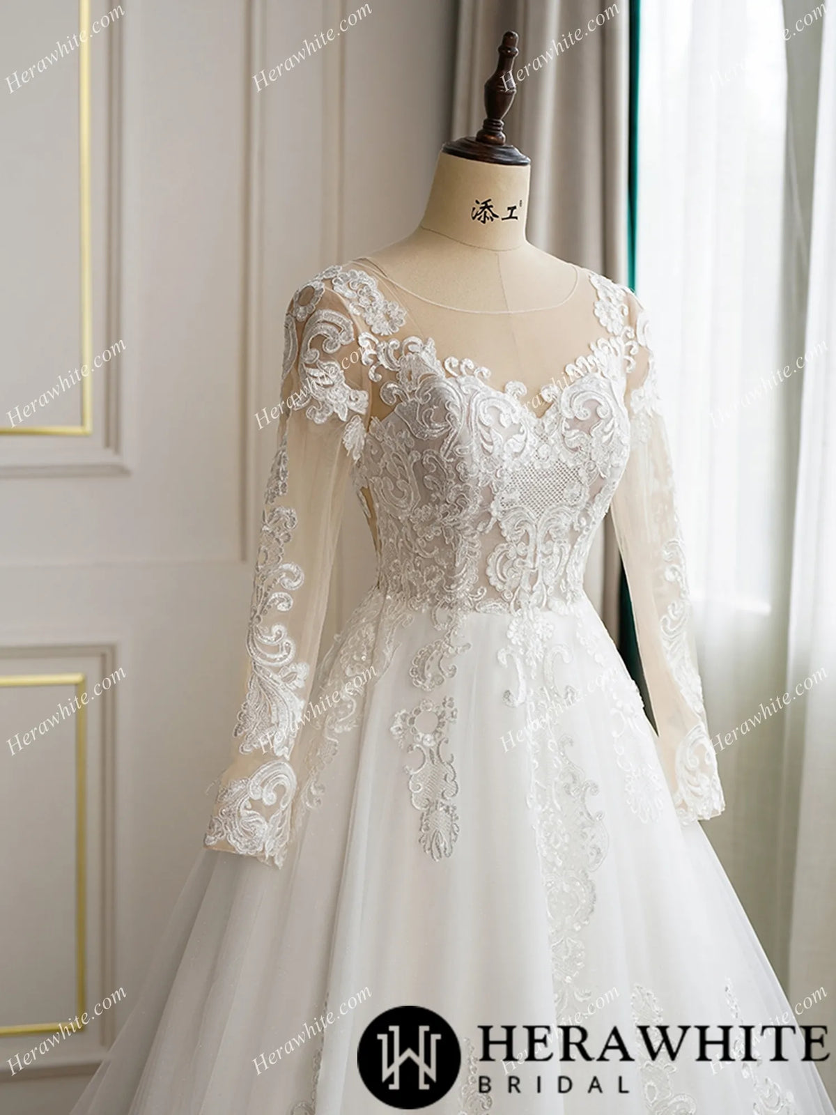Illusion Neckline Long Sleeve Lace with Pearl Buttons Bridal Gown