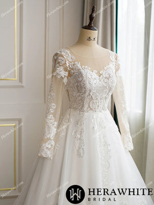Illusion Neckline Long Sleeve Lace with Pearl Buttons Bridal Gown