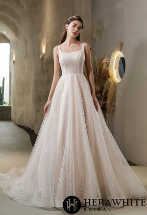 Pink Nude Princess Wedding Dress With Square Neckline