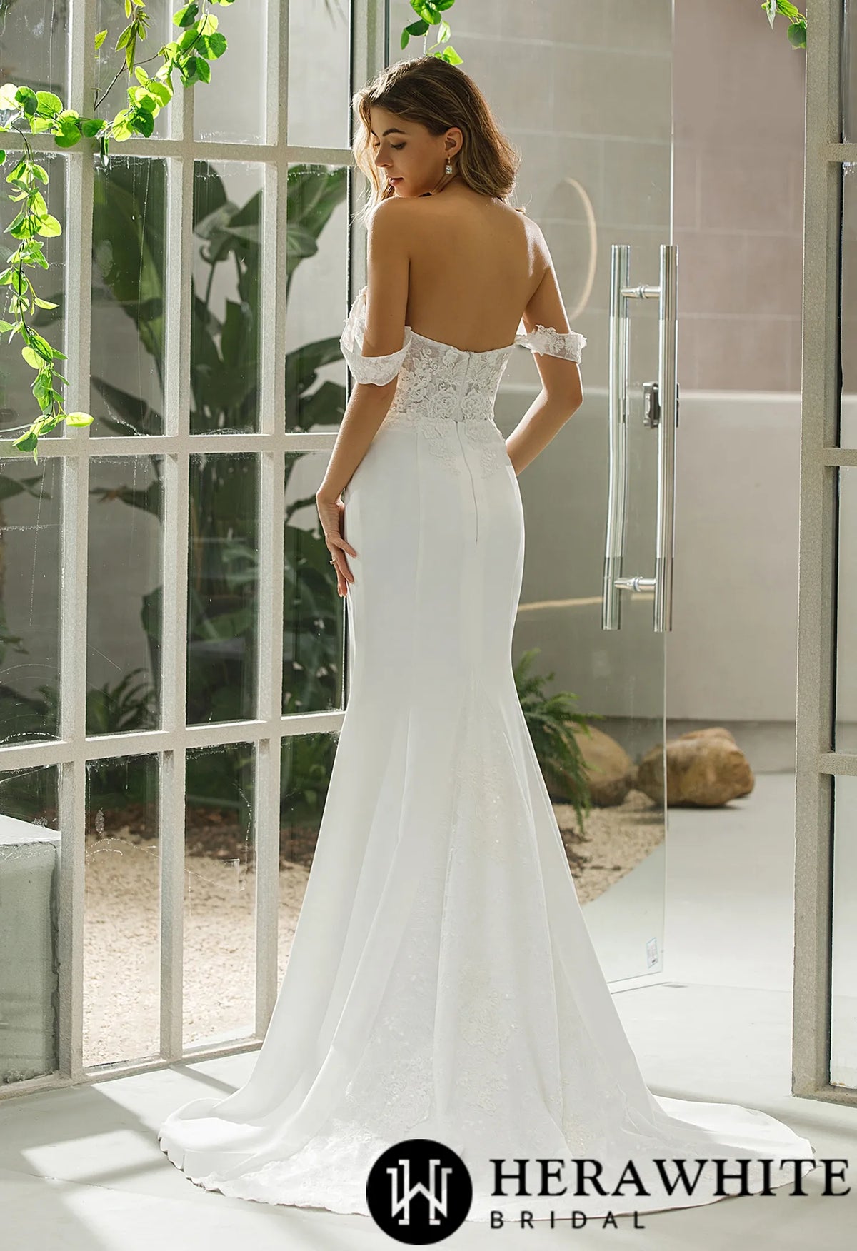 Fit And Flare Crepe Bridal Gown With Off-shoulder Straps