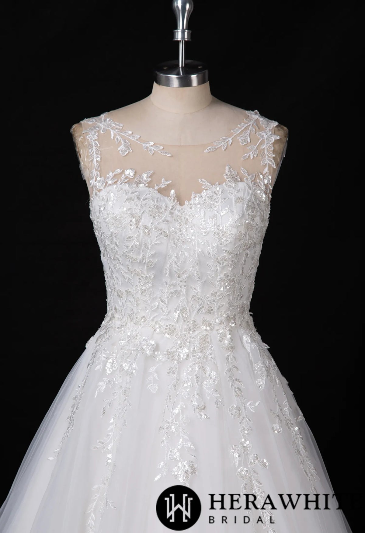 Shimmering Sequin Lace Bateau Wedding Gown