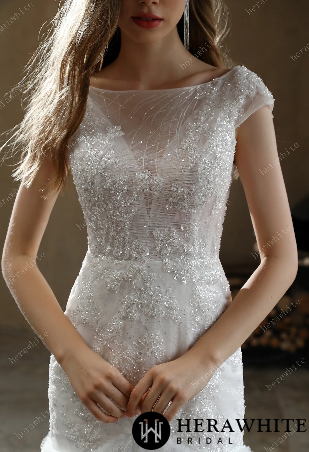 Illusion Bateau Neckline Beaded Mermaid Wedding Dress