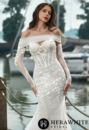 Appliques Corset Lace And Long Sleeves Wedding Dress