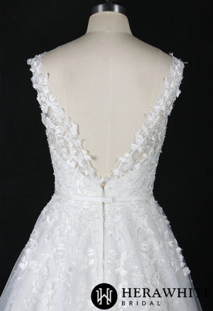 Plunging V-Neck Beaded Lace Wedding Dress