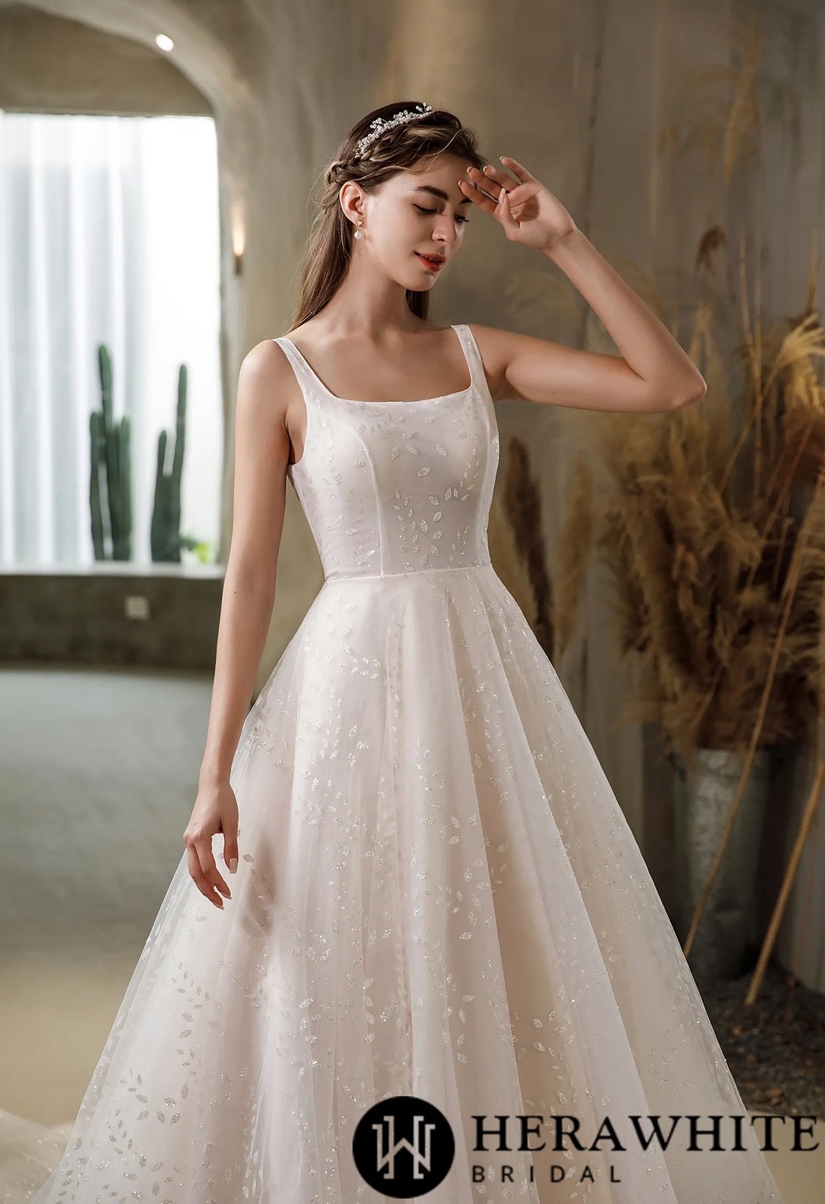 Pink Nude Princess Wedding Dress With Square Neckline