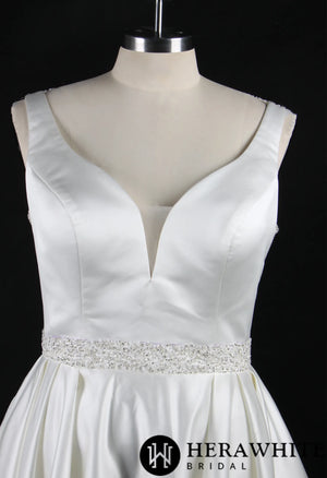 Classic V-Neck Wedding Dress With Princess Silhouette and Beaded Belt