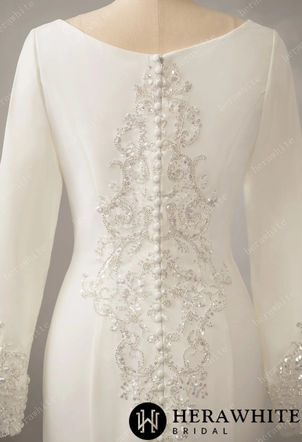 Long Sleeve Crepe Bateau Wedding Dress with Beaded Back