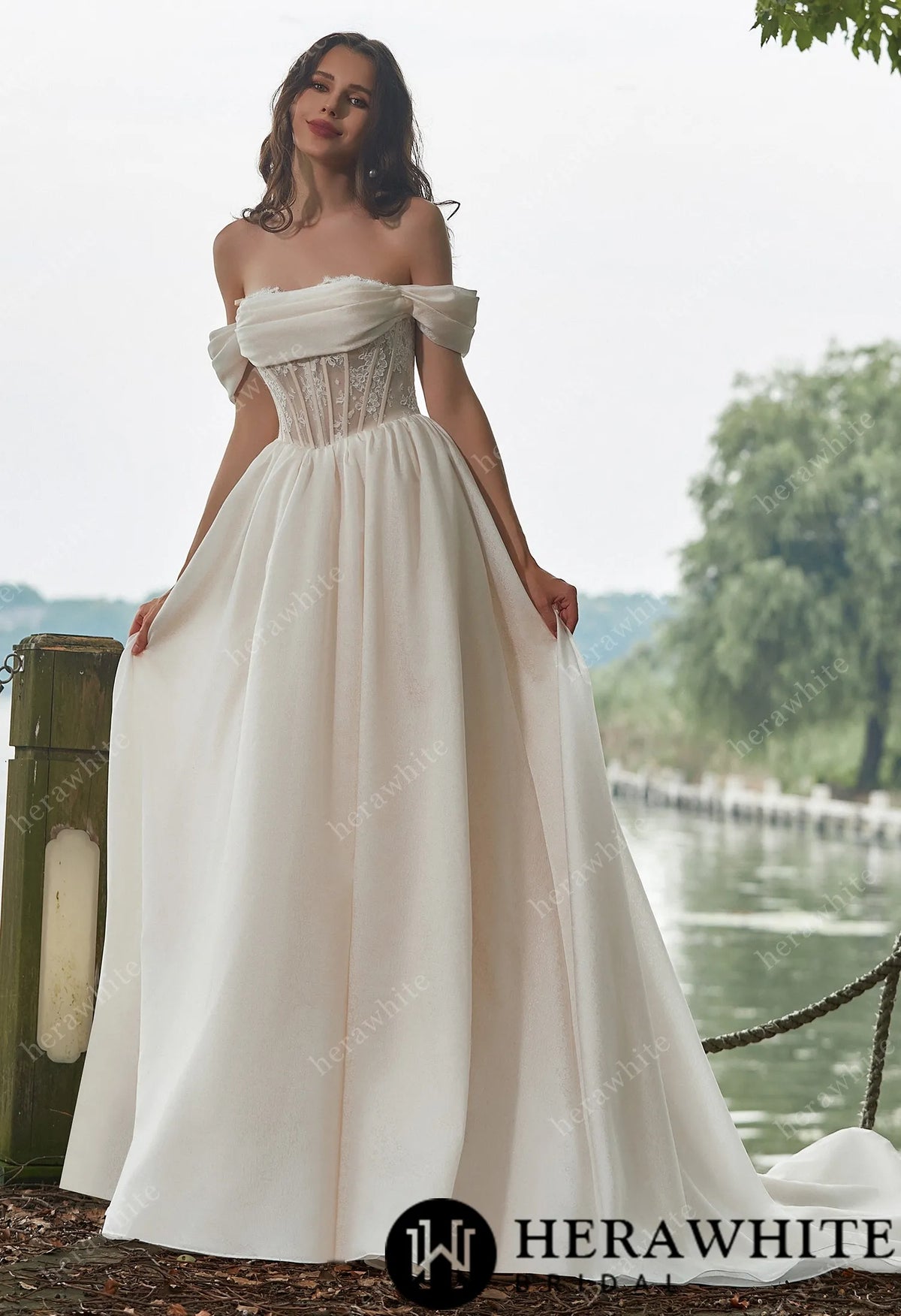Glamorous Off-the-Shoulder A-line Organza Wedding Dress
