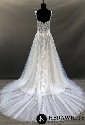 Illusion Beaded Tulle Bridal Gown With Floral Lace