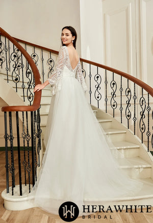 Illusion Neckline Lace Wedding Dress With Removeable Overskirt