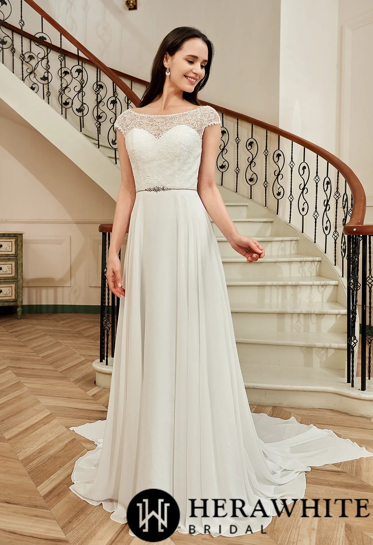 Cap Sleeve Chiffon A-Line Wedding Dress With Detachable Train