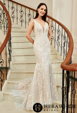 Plunging V-neckline Trumpet Wedding Dress With Detachable Overskirt