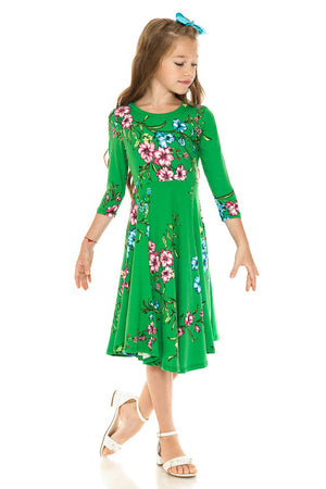 Girl's Princess Seam A-Line Dress with Full Skirt: MUSTARD FLORAL / M (7/8Y)