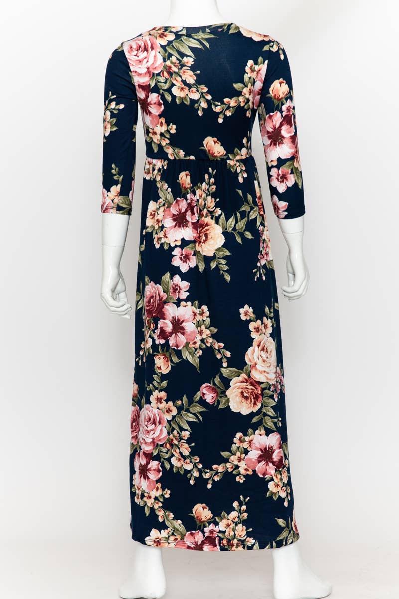 Girls Fit and Flare Floral Maxi Dress: FLORAL NAVY / XL