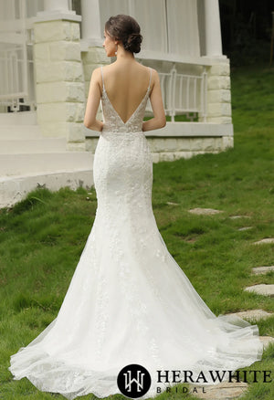 Spaghetti Beading Strap Fit To Flare  Wedding Dress