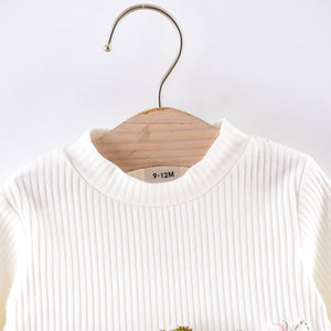 Baby Ribbed Long-sleeve Splicing Floral Embroider Dress