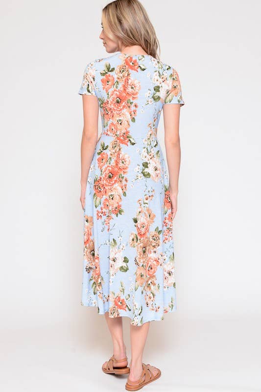 X201500D-Plus Size Floral Wrap Dress: 3X / Blue/Coral