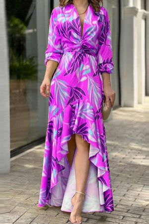 WOMEN LONG SLEEVE PRINTED LACE UP SLIT DRESS_CWDMD0889