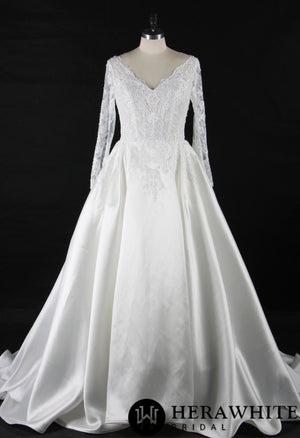 Elegant Long Sleeves Satin Wedding Gown With Lace Keyhole Back