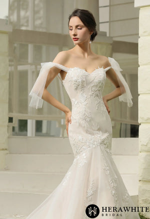 Floral Lace Mermaid Bridal Gown With  Detachable Tulle Straps
