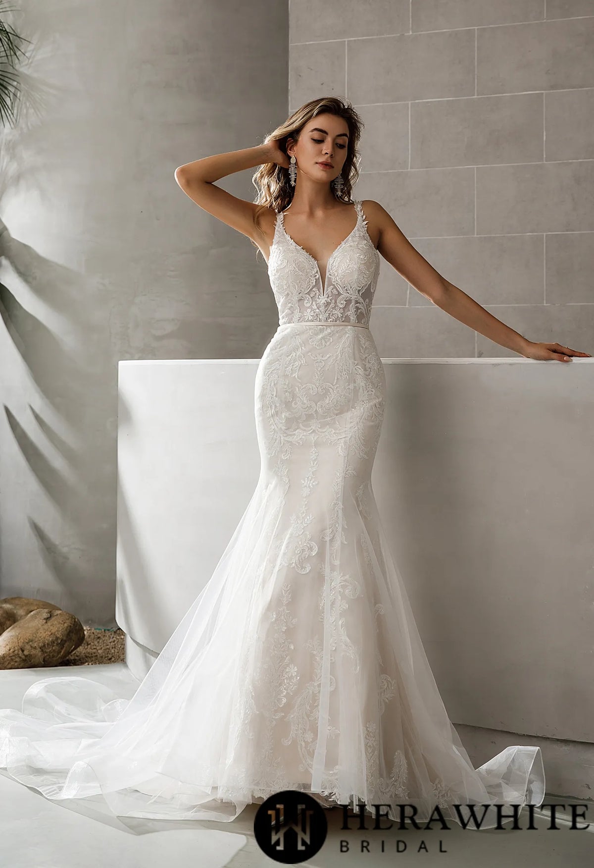 Geometric Lace Fit and Flare Bridal Gown With Sheer Train