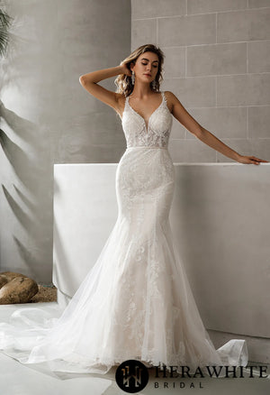 Geometric Lace Fit and Flare Bridal Gown With Sheer Train
