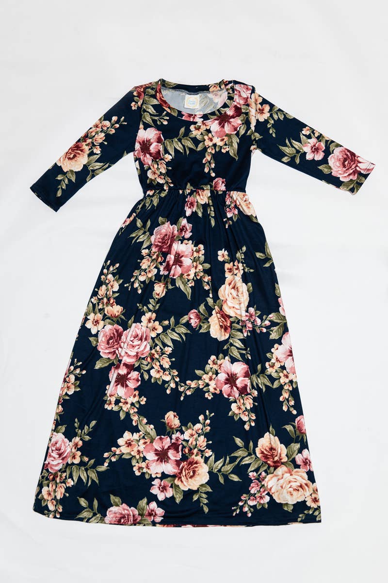 Girls Fit and Flare Floral Maxi Dress: FLORAL NAVY / S