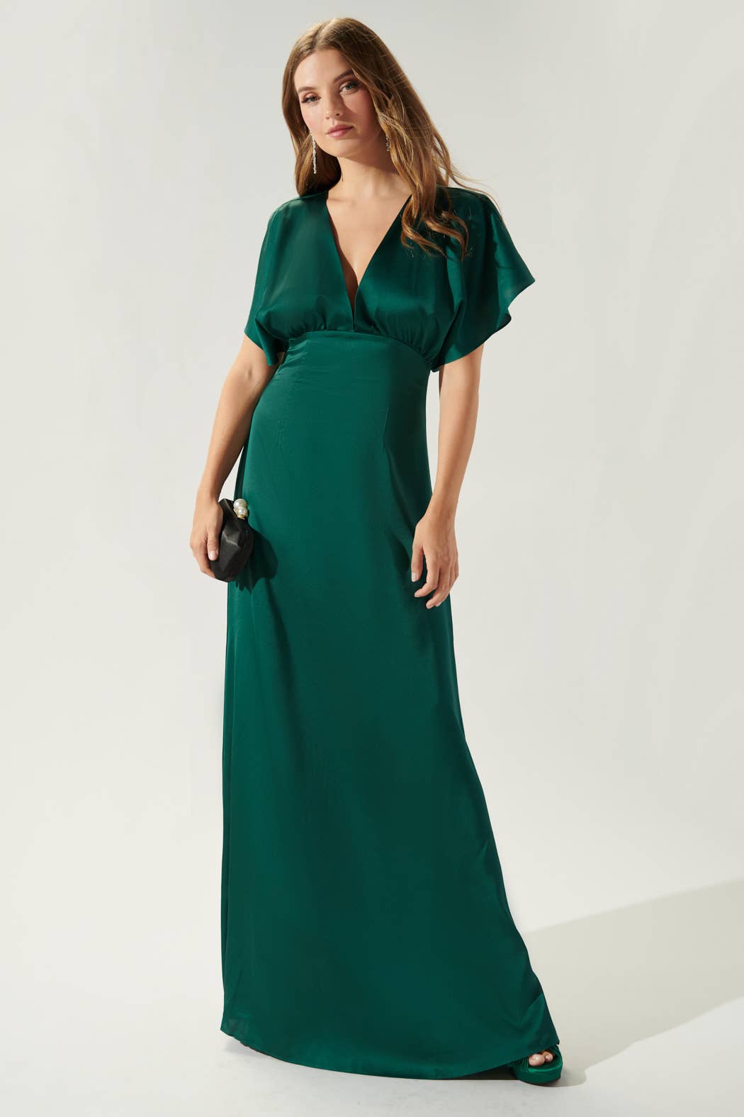 Darling Flutter Sleeve Cut Out Satin Maxi Dress: Black / XL