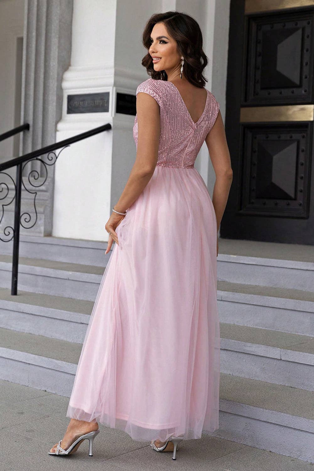 Sequin V-Neck Mesh Maxi Dress: Blush Pink / M