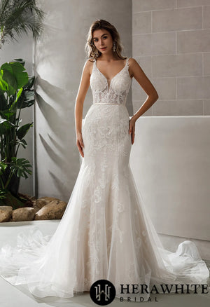Geometric Lace Fit and Flare Bridal Gown With Sheer Train