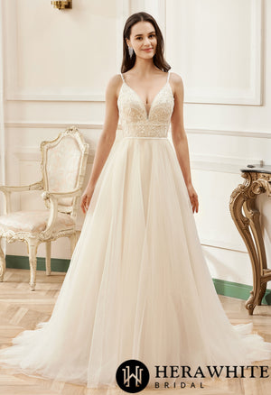 Champagne Romantic Spaghetti Straps  A-Line Wedding Dress