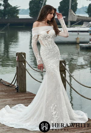 Appliques Corset Lace And Long Sleeves Wedding Dress