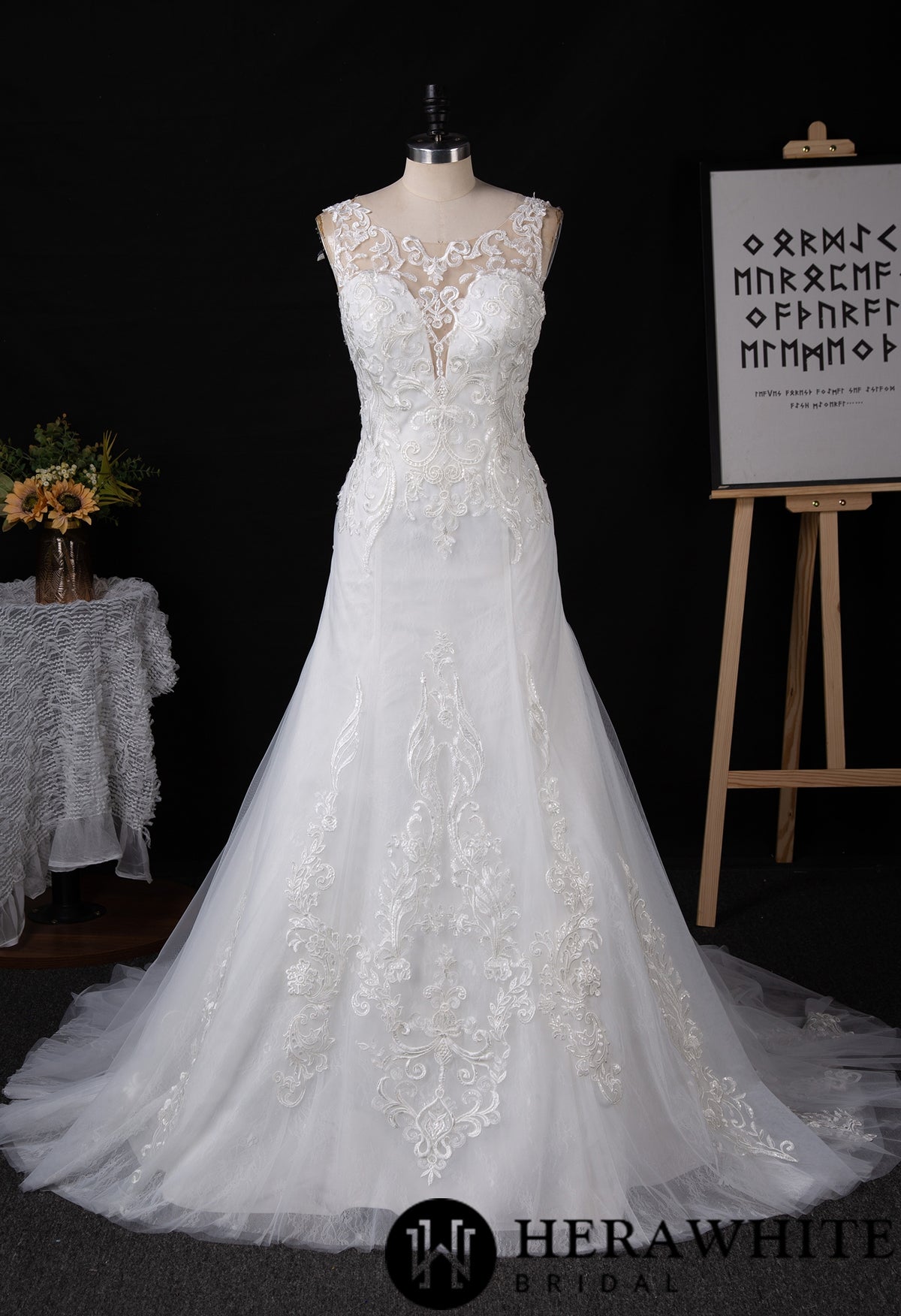 Illusion Plunging V-neckline Lace Wedding Dress With Open Back