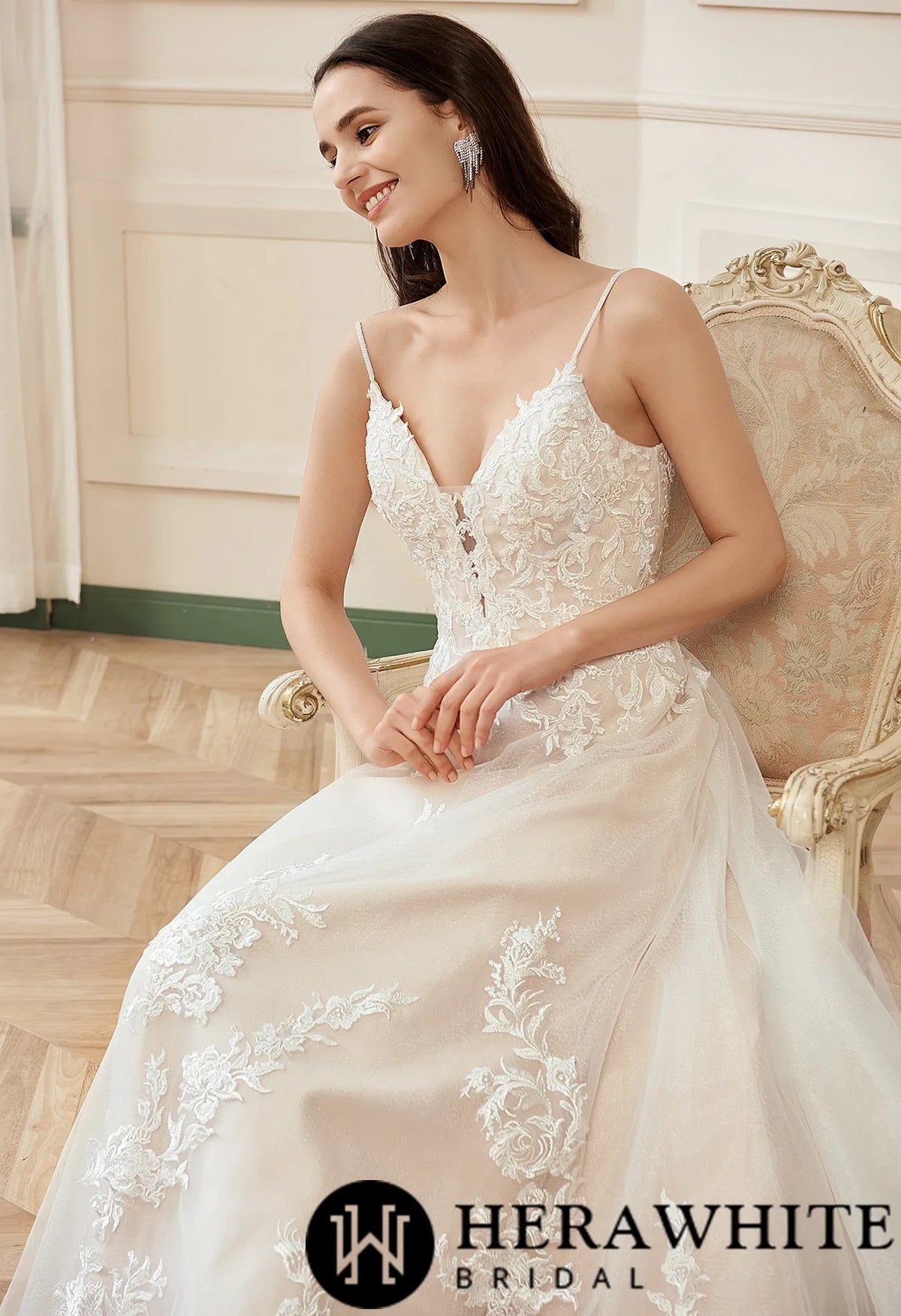 Gorgeous Blush V-neck Flower Lace A-Line Wedding Dress