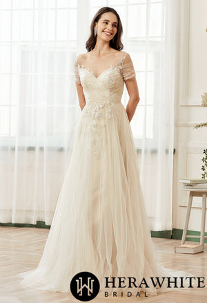 Romantic Off the Shoulder Illusion Pleated Bodice Tulle Bridal Gown