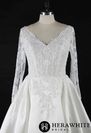 Elegant Long Sleeves Satin Wedding Gown With Lace Keyhole Back