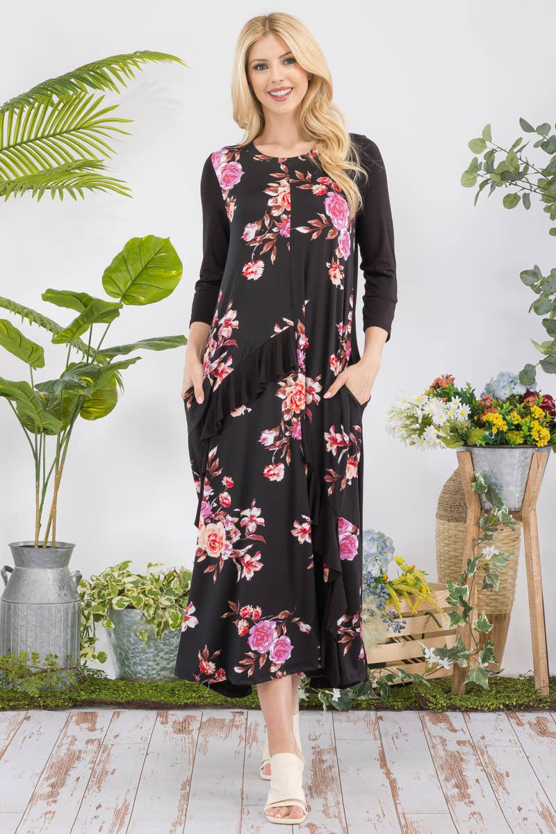 PLUS SIZE FLORAL CONTRAST MID-DRESS WITH RUFFLES -CD43841C-P