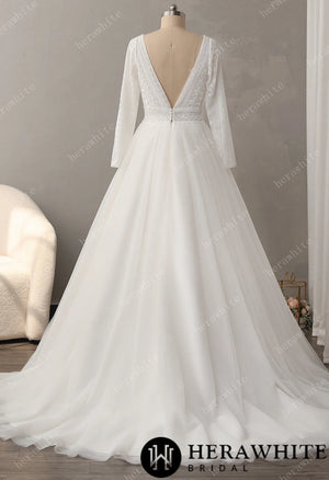 Graphlc Lace Boho Wedding Dress with Long Sleeve and V-Back