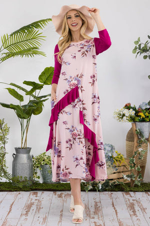 PLUS SIZE FLORAL CONTRAST MID-DRESS WITH RUFFLES -CD43841C-P