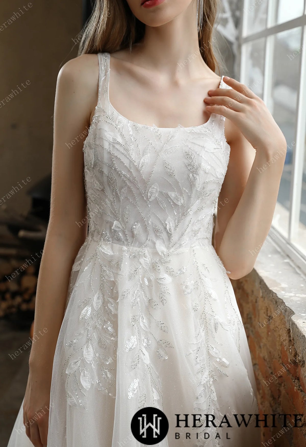 Square Neckline Wedding Dress with Delicate Leafy Lace