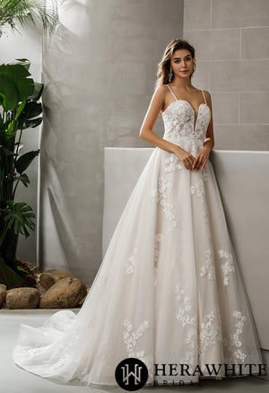 Plunging Sweetheart Floral Lace Glitter A-line Wedding Dress