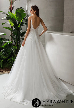 Beaded Straps V-neck Lace A-line Long Wedding Dress