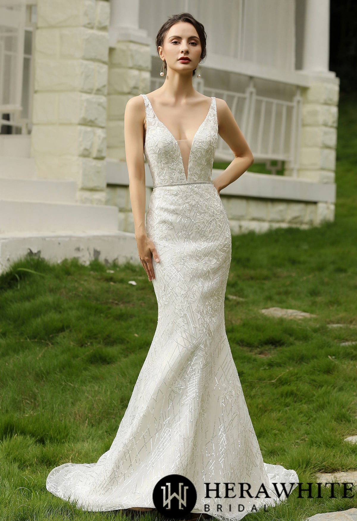 Glittery Fitted  Wedding Dress With Deep V Neckline