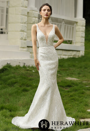 Glittery Fitted  Wedding Dress With Deep V Neckline