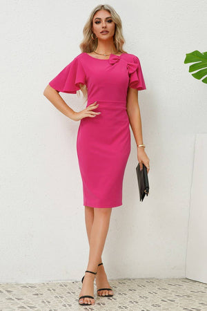 CWDMD1471_U-NECK RUFFLE SLEEVE SLIM FIT DRESS