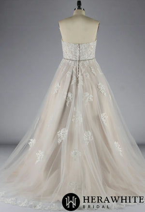 Blush Strapless Ball Gown Wedding Dress With Lace Motifs