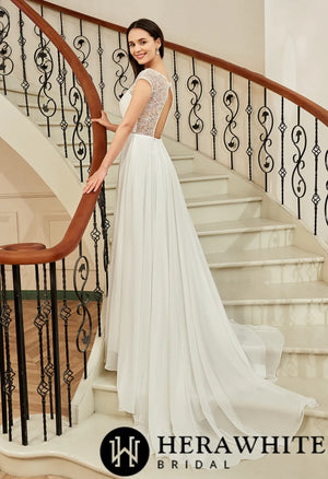 Cap Sleeve Chiffon A-Line Wedding Dress With Detachable Train