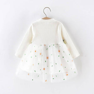 Baby Ribbed Long-sleeve Splicing Floral Embroider Dress